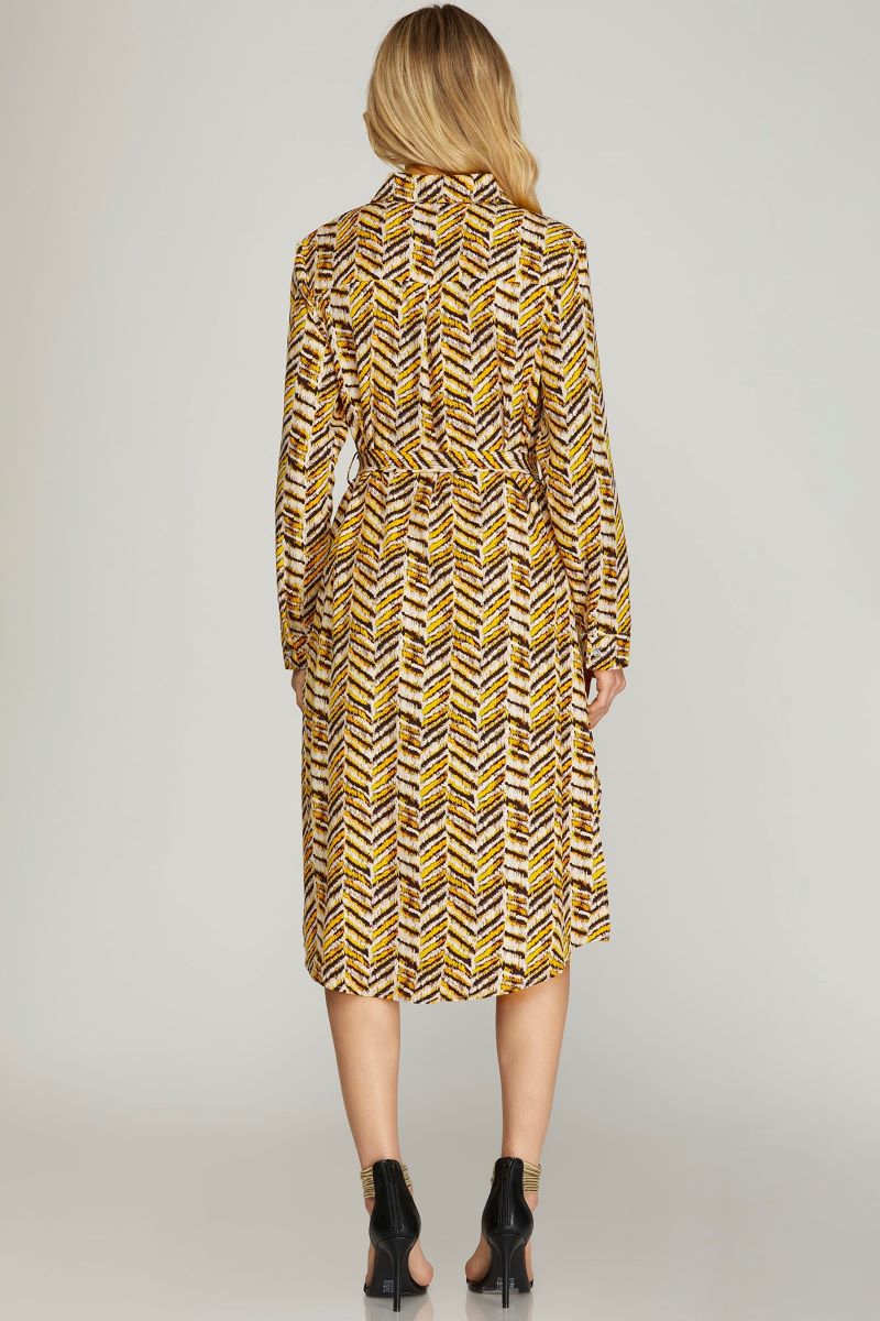 YELLOW LONG SLEEVES W/SIDE SLIT WOVEN MIDI DRESS S12SY5609