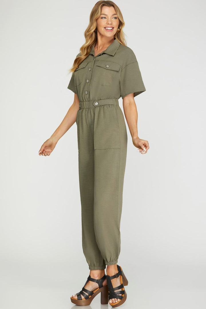 OLIVE COLLARED SHORT SLEEVES FLAP FRONT POCKET WOVEN JUMPSUIT S12SY6661