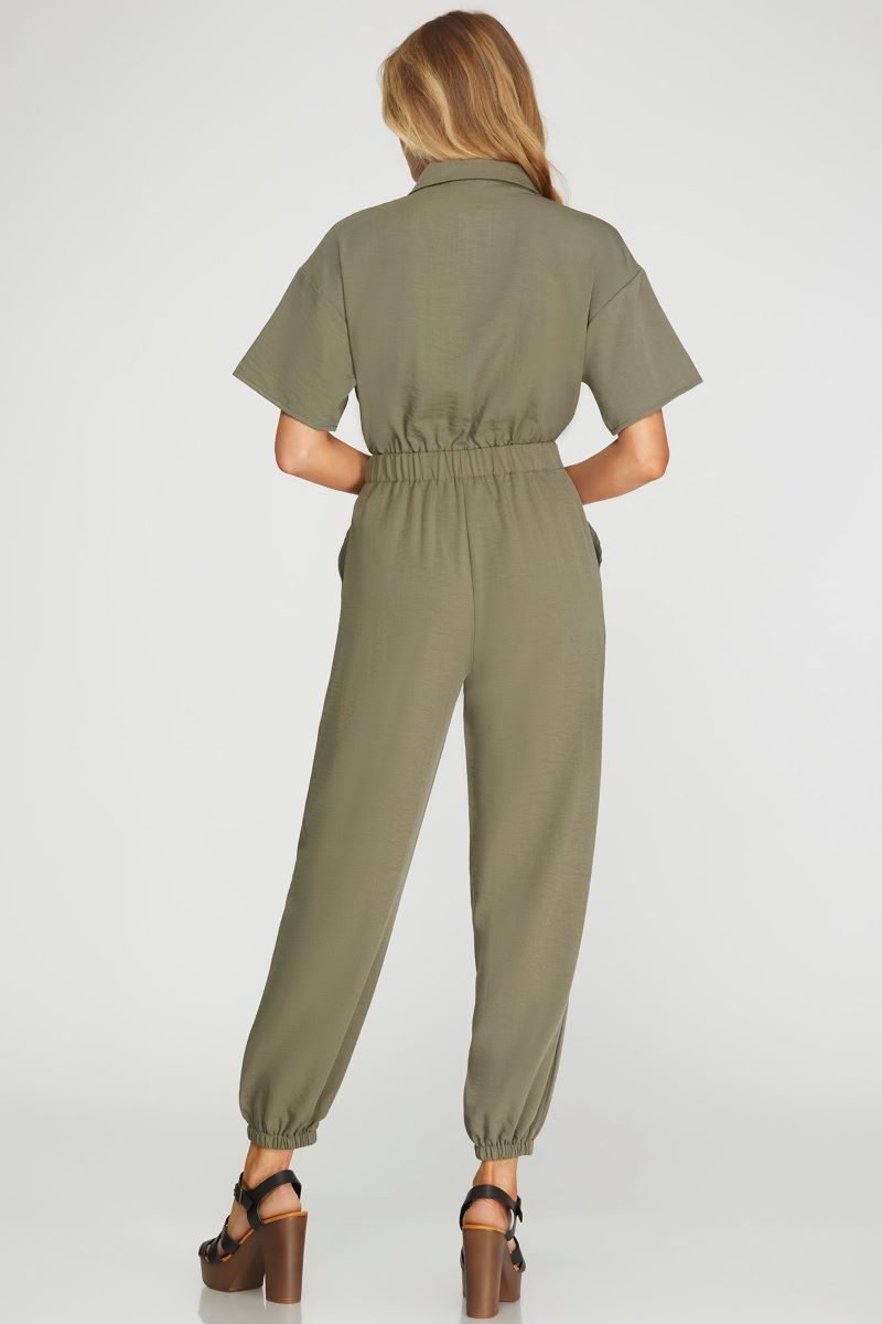 OLIVE COLLARED SHORT SLEEVES FLAP FRONT POCKET WOVEN JUMPSUIT S12SY6661