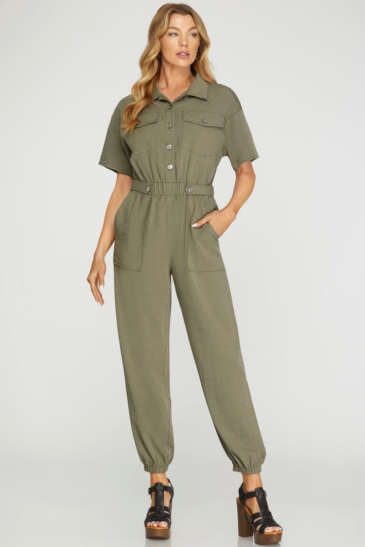 OLIVE COLLARED SHORT SLEEVES FLAP FRONT POCKET WOVEN JUMPSUIT S12SY6661