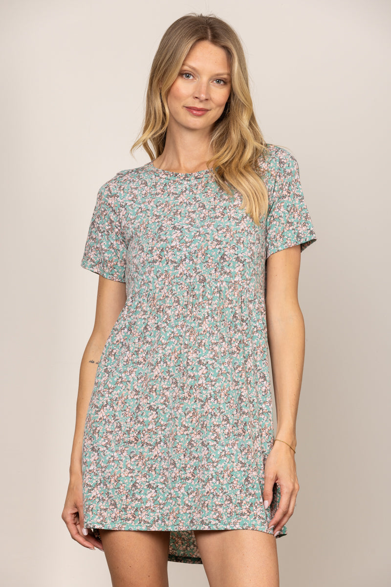 SAGE DITSY FLORAL BABYDOLL SHORT SLEEVES MINI DRESS D5105