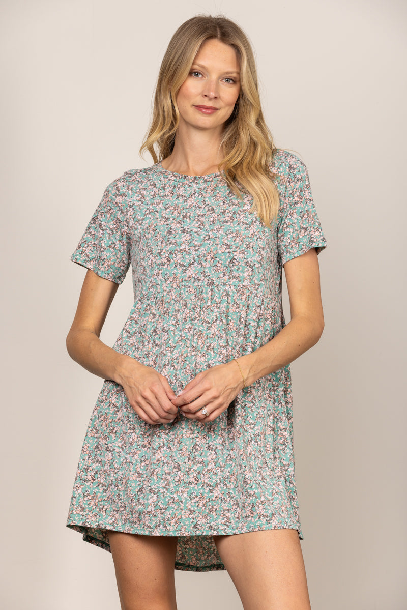 SAGE DITSY FLORAL BABYDOLL SHORT SLEEVES MINI DRESS D5105