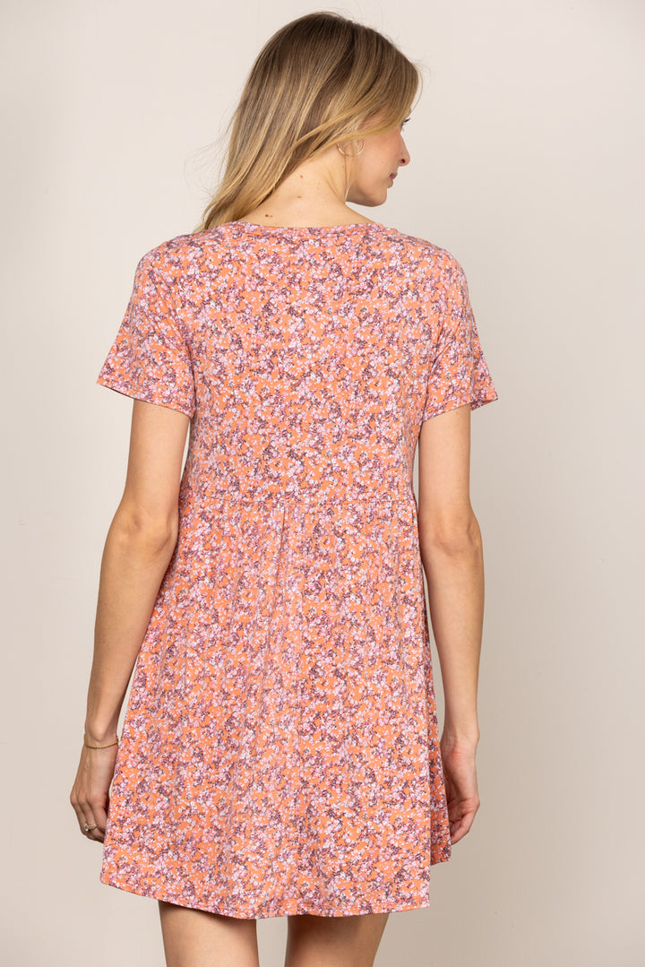 PEACH DITSY FLORAL BABYDOLL SHORT SLEEVES MINI DRESS D5105