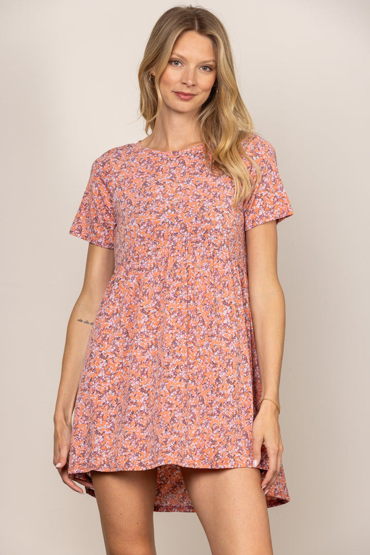 PEACH DITSY FLORAL BABYDOLL SHORT SLEEVES MINI DRESS D5105