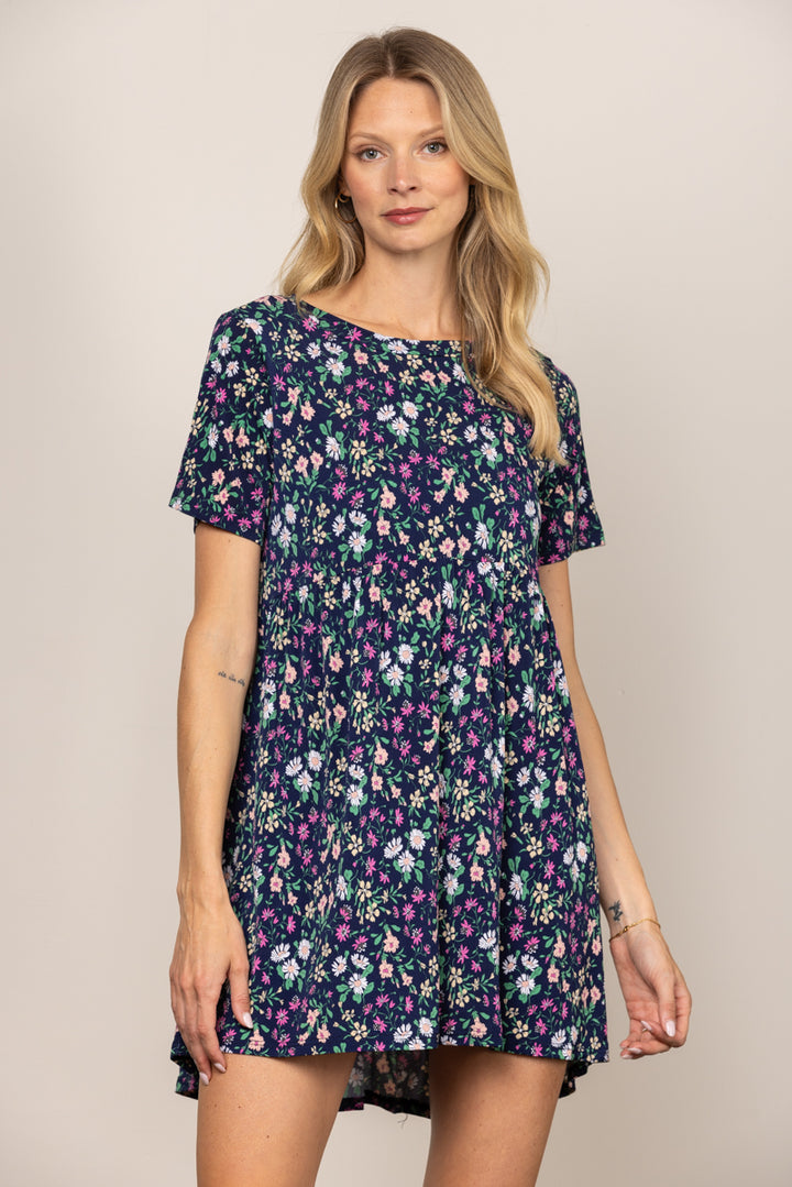 D5105-Wholesale NAVY DITSY FLORAL BABYDOLL SHORT SLEEVES MINI DRESS