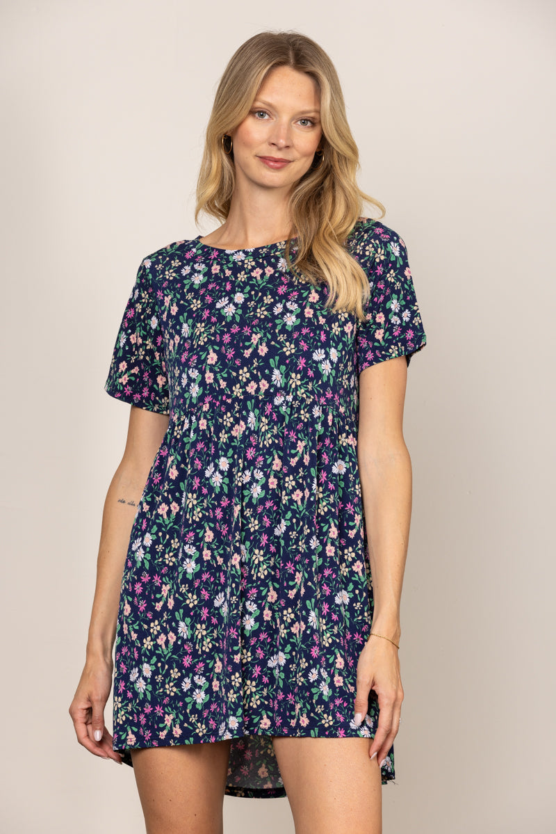 NAVY DITSY FLORAL BABYDOLL SHORT SLEEVES MINI DRESS D5105