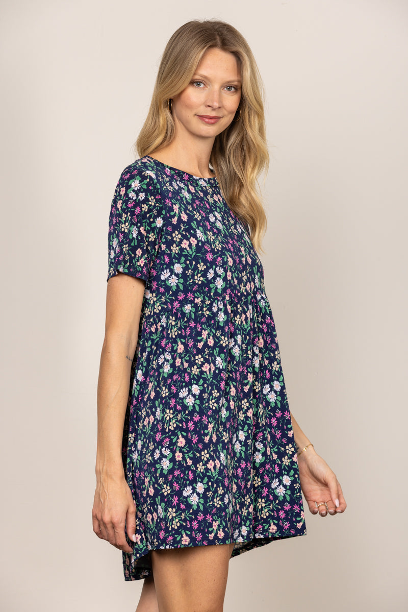 NAVY DITSY FLORAL BABYDOLL SHORT SLEEVES MINI DRESS D5105