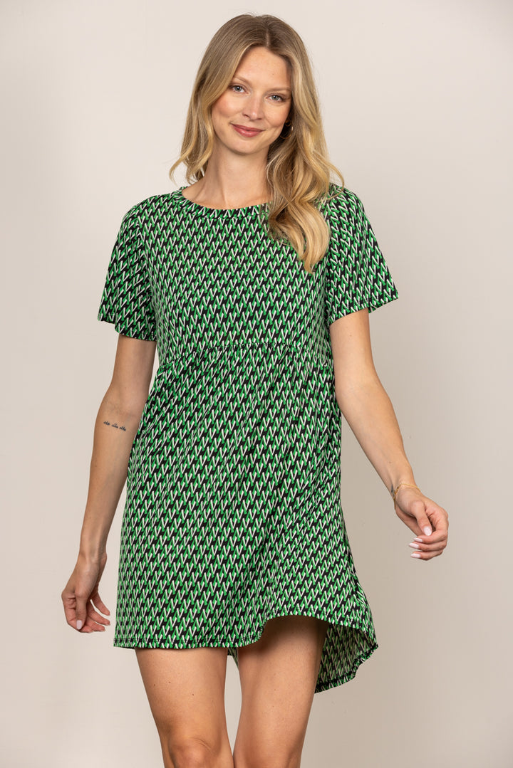 CHEVRON GREEN ROUND NECK BABYDOLL SHORT SLEEVES MINI DRESS D5105