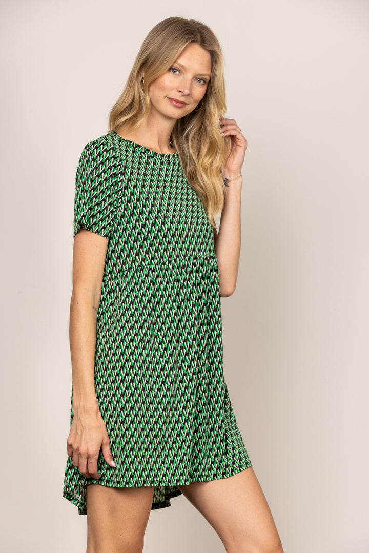 CHEVRON GREEN ROUND NECK BABYDOLL SHORT SLEEVES MINI DRESS D5105