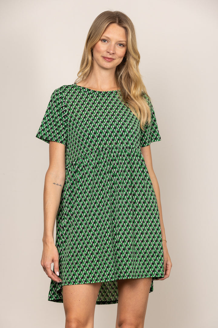 CHEVRON GREEN ROUND NECK BABYDOLL SHORT SLEEVES MINI DRESS D5105