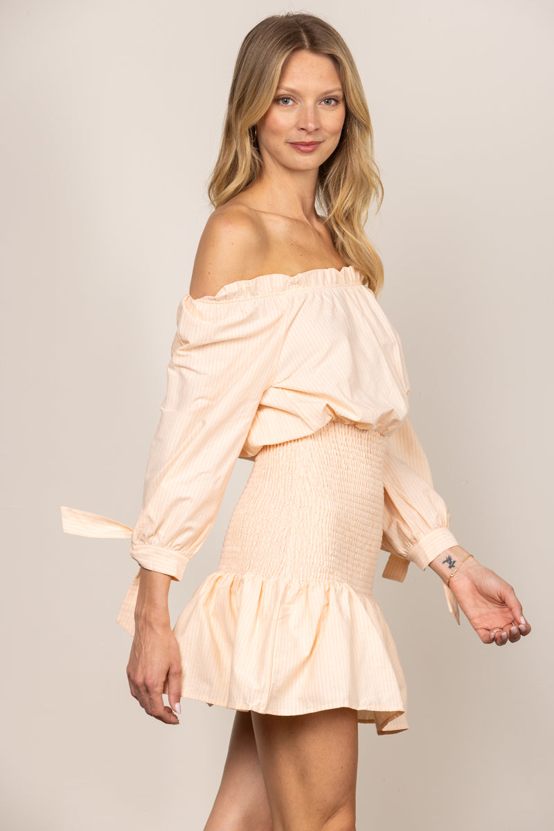 PEACH OFF SHOULDER TIERED WAIST RUFFLE HEM MINI DRESS ILD0185