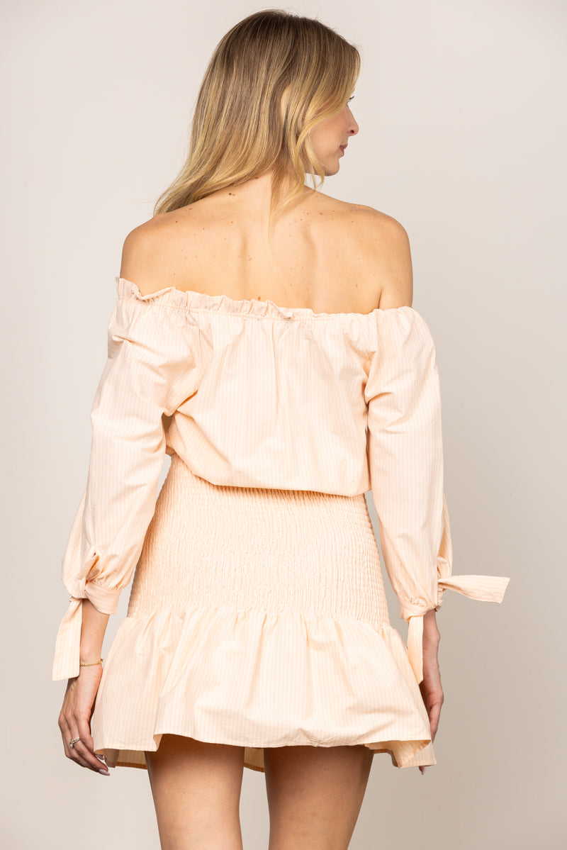 PEACH OFF SHOULDER TIERED WAIST RUFFLE HEM MINI DRESS ILD0185