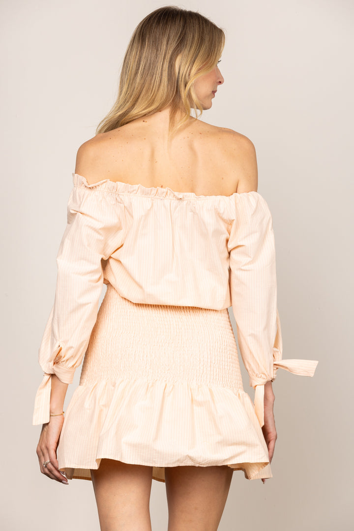 PEACH OFF SHOULDER TIERED WAIST RUFFLE HEM MINI DRESS ILD0185