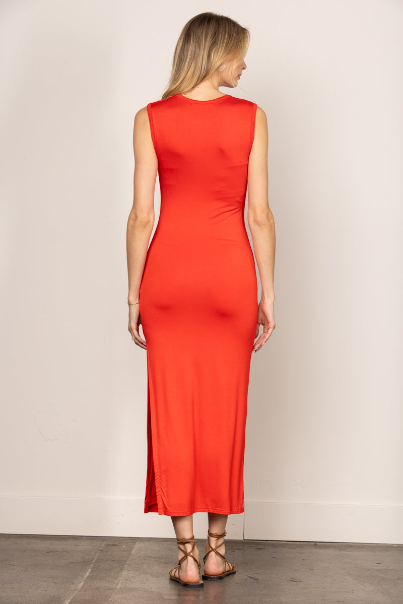 RED ROUND NECK SLEEVELESS SIDE POCKETS MAXI DRESS SD007