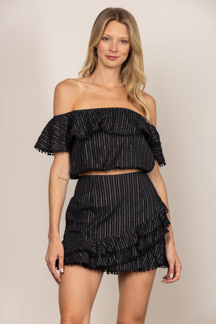 BLACK FRILL DÉCOR OFF SHOULDER TOP AND MINI SKIRT SET IBS05223