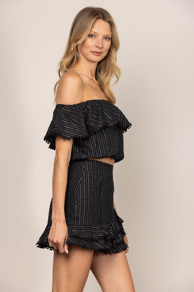 BLACK FRILL DÉCOR OFF SHOULDER TOP AND MINI SKIRT SET IBS05223