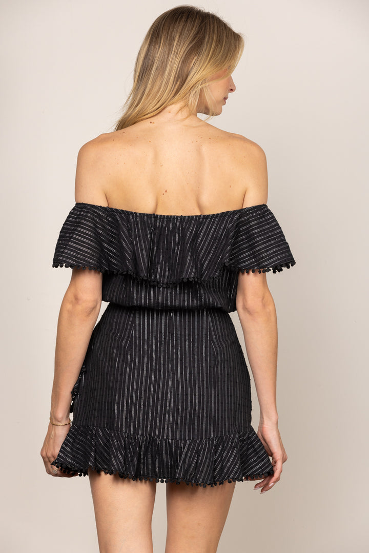 BLACK FRILL DÉCOR OFF SHOULDER TOP AND MINI SKIRT SET IBS05223