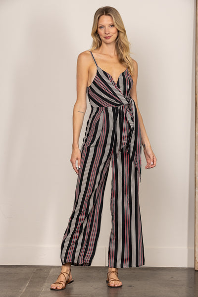 BLACK ADJUSTABLE SPAGHETTI STRAP SELF-TIE FRONT JUMPSUIT IBR1433-1