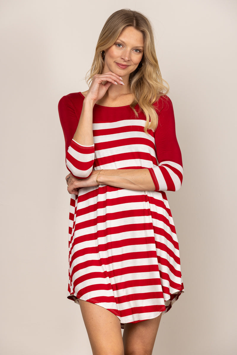 RED STRIPES LONG SLEEVES SWING MINI DRESS D7290