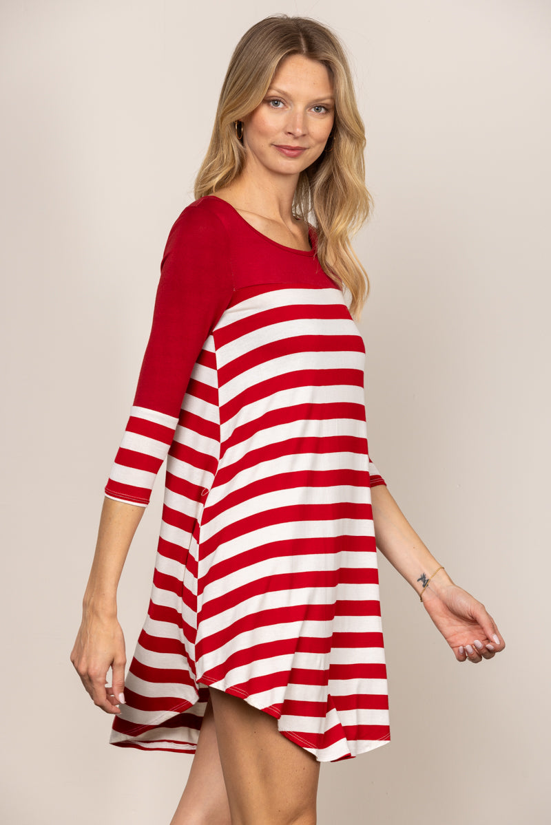 RED STRIPES LONG SLEEVES SWING MINI DRESS D7290