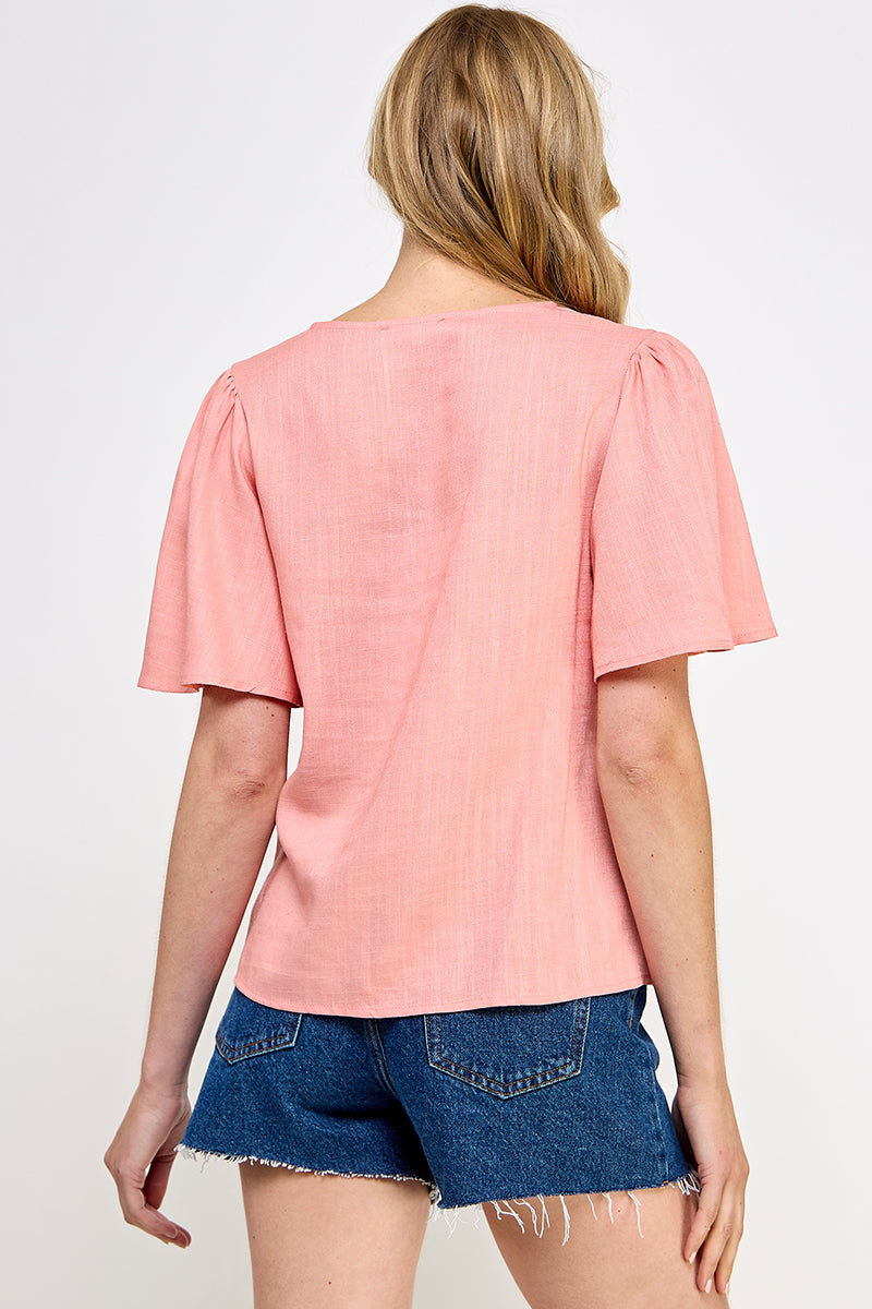 CORAL V-NECK FLUTTER SLEEVES LINEN TOP AVT10449