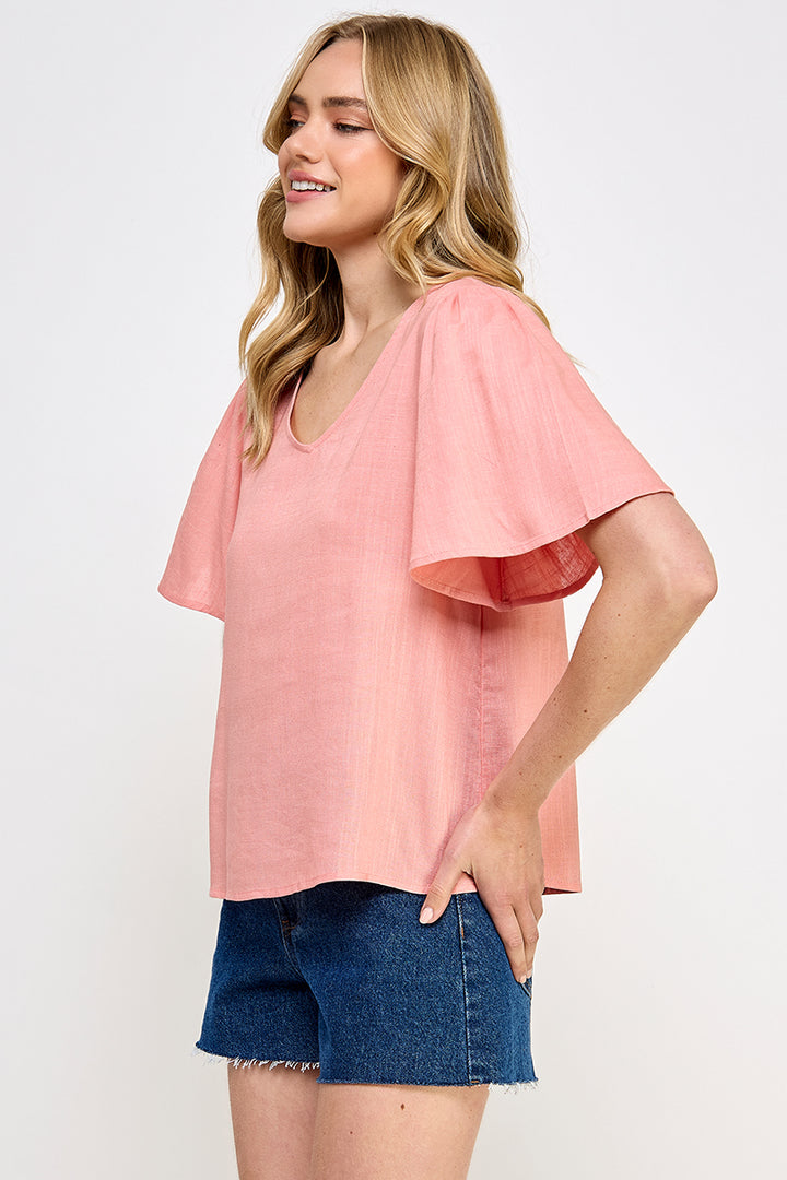 CORAL V-NECK FLUTTER SLEEVES LINEN TOP AVT10449