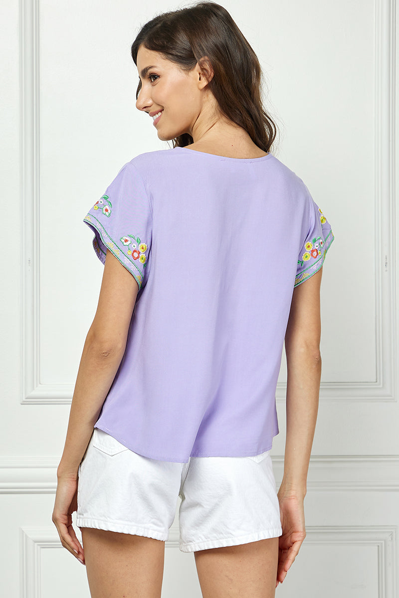 LILAC SHORT SLEEVES EMBROIDERED DETAILED TOP AVT10471