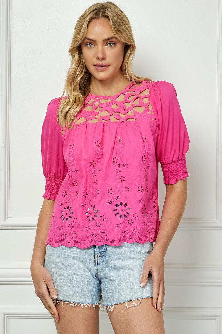 MAGENTA SHORT SLEEVES LACE EMBROIDERED DETAILED TOP AVT10534