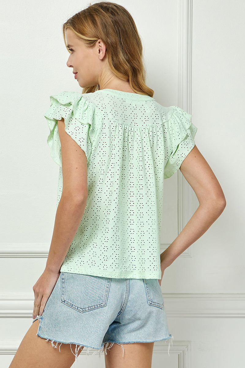 MINT V-NECK RUFFLE SLEEVES EYELET KNIT TOP AVT51002K