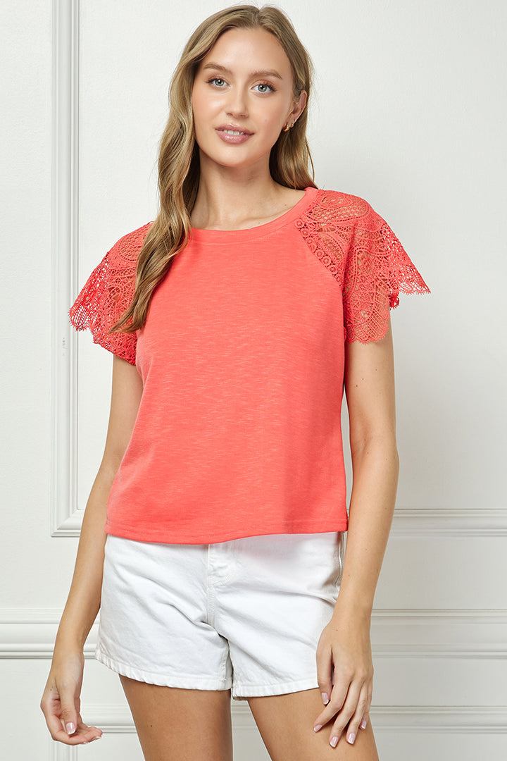 CORAL LACE DETAILED SHORT SLEEVES KNIT TOP AVT51066K