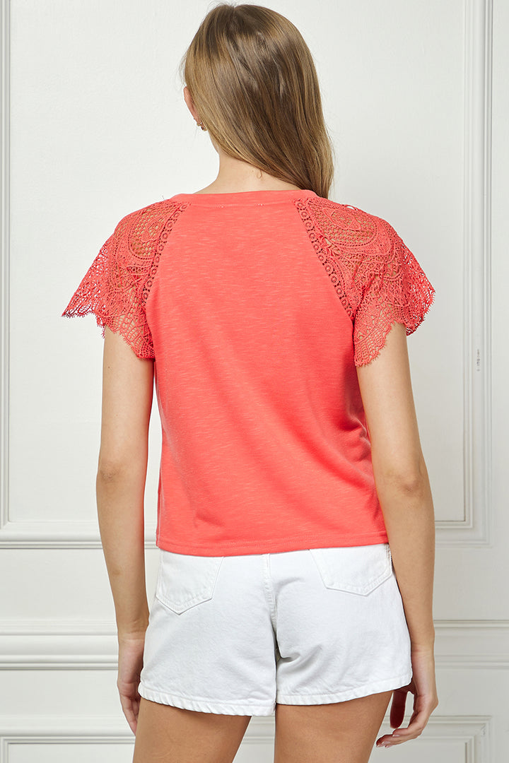 CORAL LACE DETAILED SHORT SLEEVES KNIT TOP AVT51066K