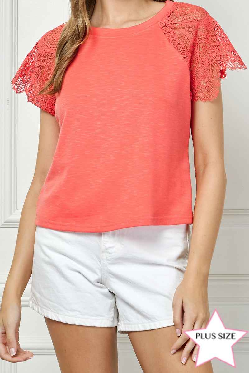 CORAL LACE DETAILED SHORT SLEEVES KNIT TOP AVT51066K