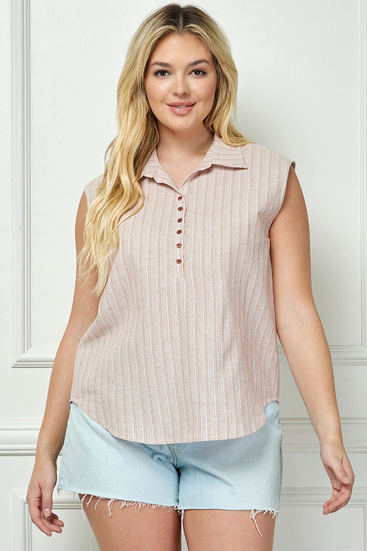 STRIPED COLLARED BUTTON-UP SLEEVELESS PLUS SIZE TOP AVT51085X