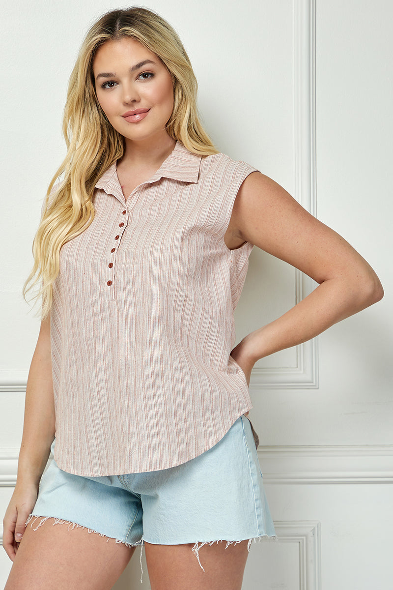 STRIPED COLLARED BUTTON-UP SLEEVELESS PLUS SIZE TOP AVT51085X