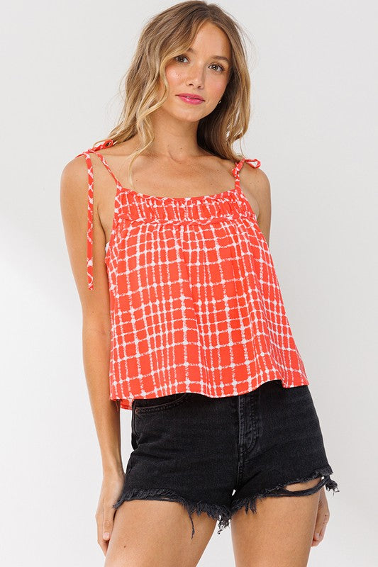 RED PLAID SLEEVELESS SHIRRED BABY DOLL TOP TC12250PA