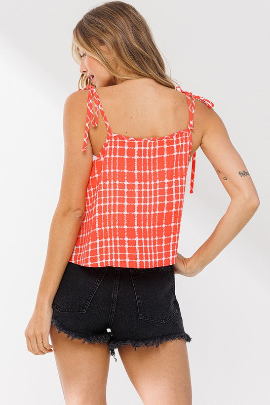 RED PLAID TIE STRAP SHIRRING BABYDOLL TOP TC12250PA