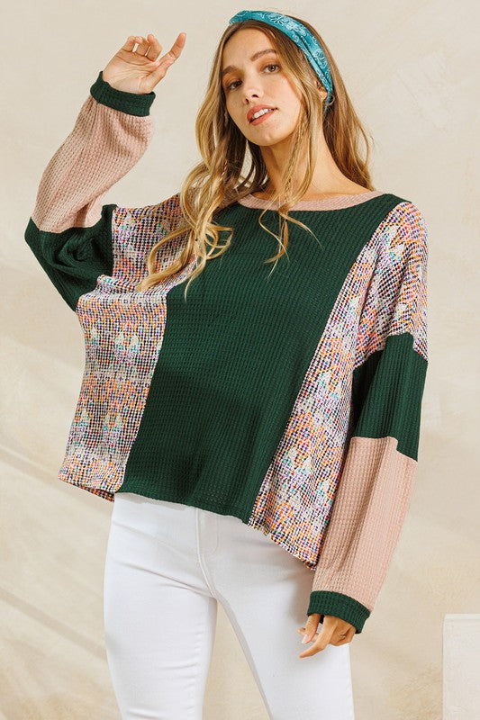 HUNTER GREEN WAFFLE KNIT COLOR BLOCK CREW NECK TOP CFTC12469PA