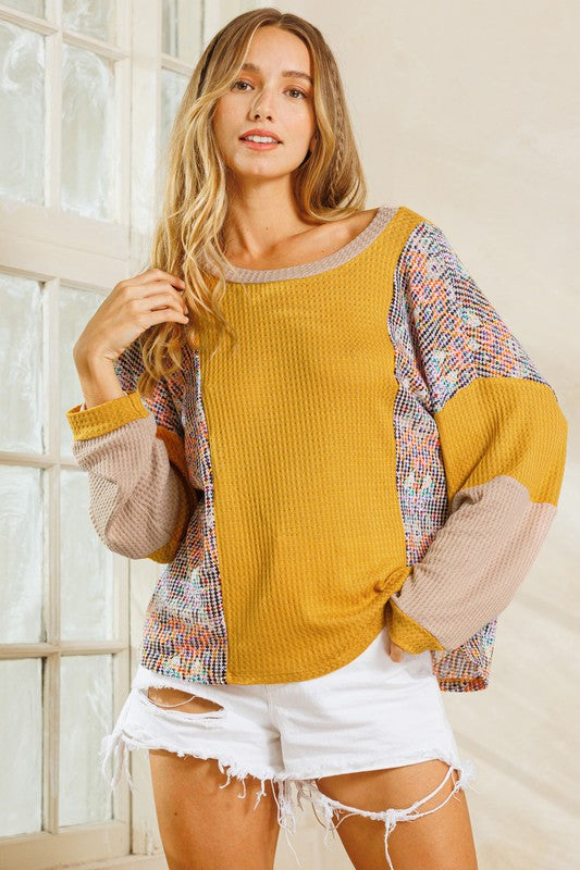 MUSTARD WAFFLE KNIT COLOR BLOCK CREW NECK TOP CFTC12469PA