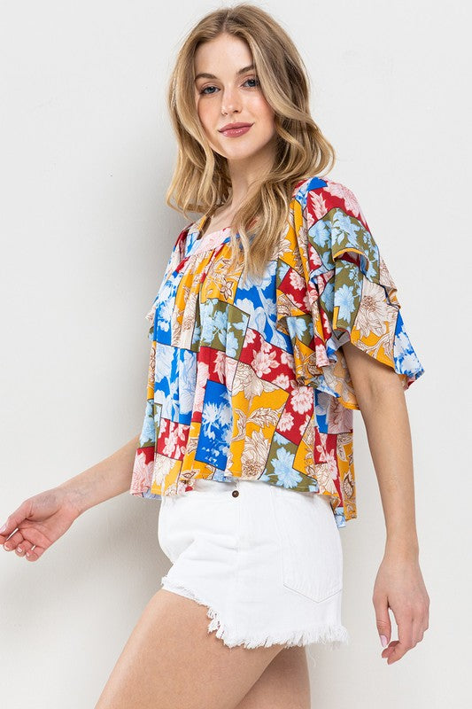 SQUARE NECK FLORAL PRINT RUFFLED SLEEVES TOP TC12679PA