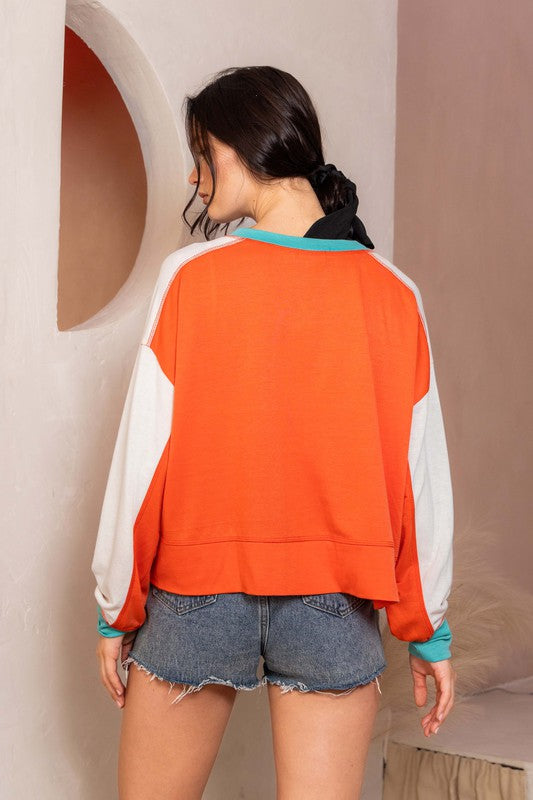 ORANGE MULTI TERRY COLOR DETAILED LONG SLEEVES KNIT TOP CFTC13256SA