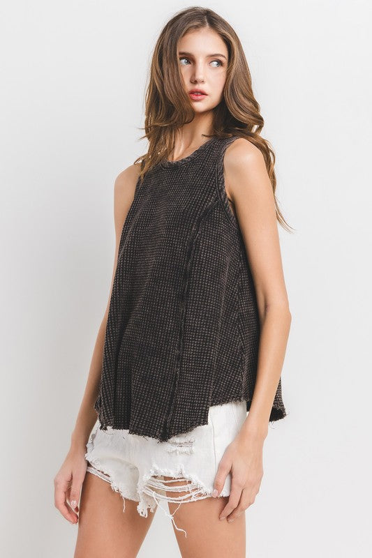 BLACK MINERAL WASHED WAFFLE KNIT SLEEVELESS TANK TOP TEU13765SA