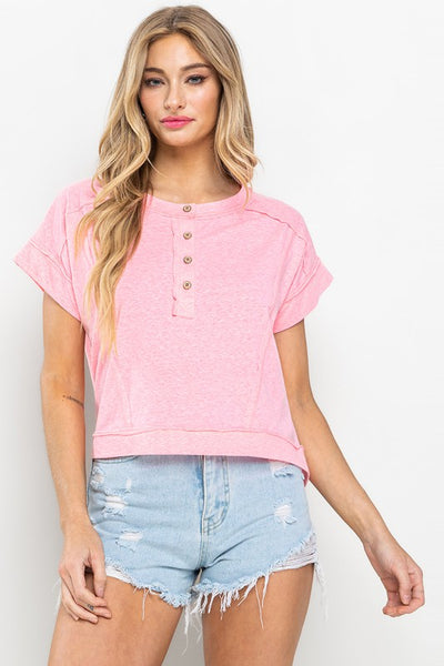 PINK HENLEY SHORT SLEEVES KNIT TOP TIC12667