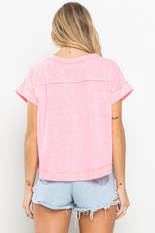 PINK HENLEY SHORT SLEEVES KNIT TOP TIC12667