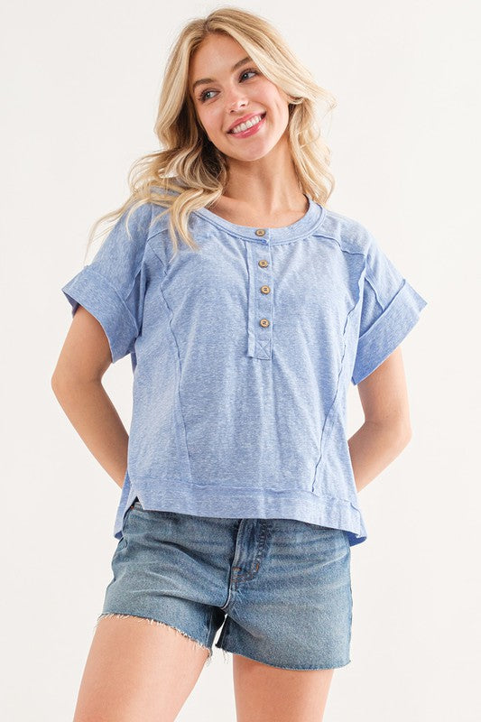 DENIM BLUE HENLEY SHORT SLEEVES KNIT TOP TIC12667