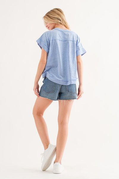 DENIM BLUE HENLEY SHORT SLEEVES KNIT TOP TIC12667