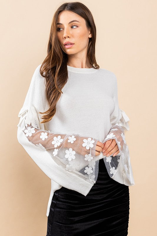 IVORY FLOWER DETAILED BELL SLEEVES KNIT TOP TIN13184