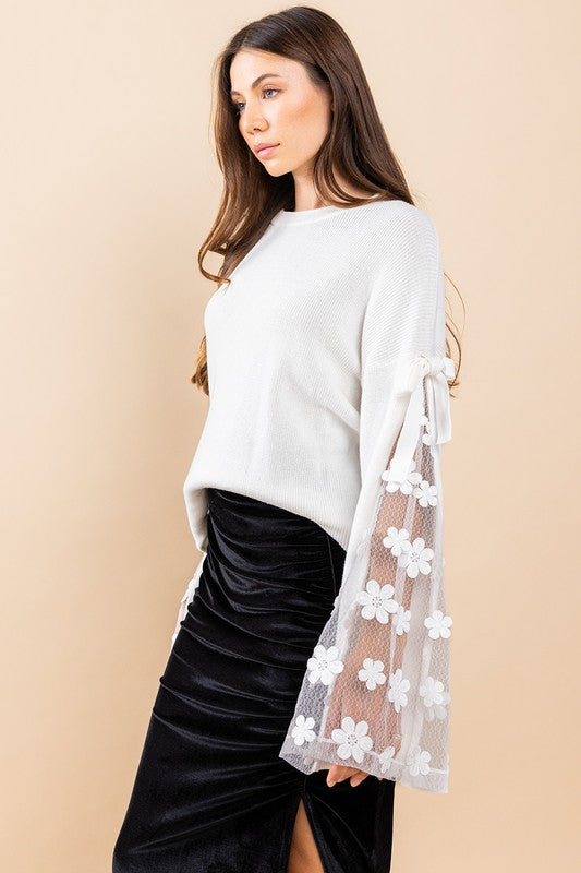 IVORY FLOWER DETAILED BELL SLEEVES KNIT TOP TIN13184