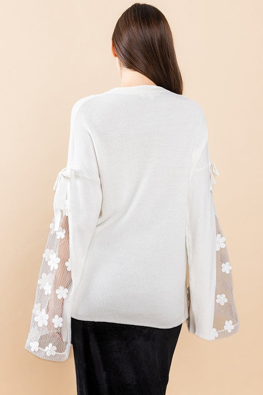 IVORY FLOWER DETAILED BELL SLEEVES KNIT TOP TIN13184