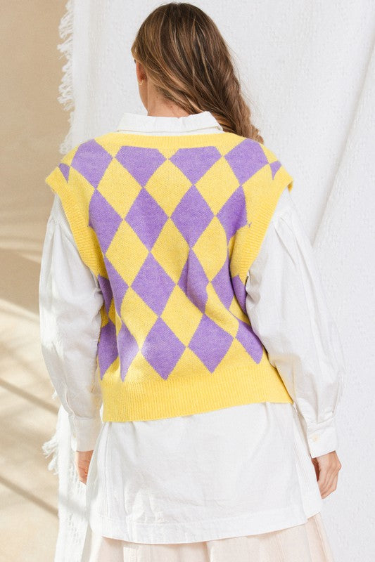 YELLOW ARGYLE PRINT SLEEVELESS SWEATER VEST TIS12307