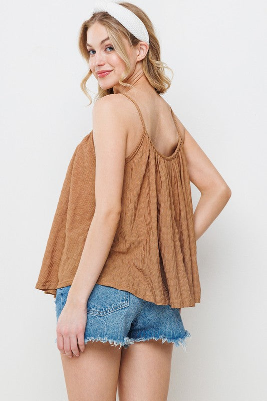 MOCHA SHIRRED PLEATED CAMI TOP TJ10572SC